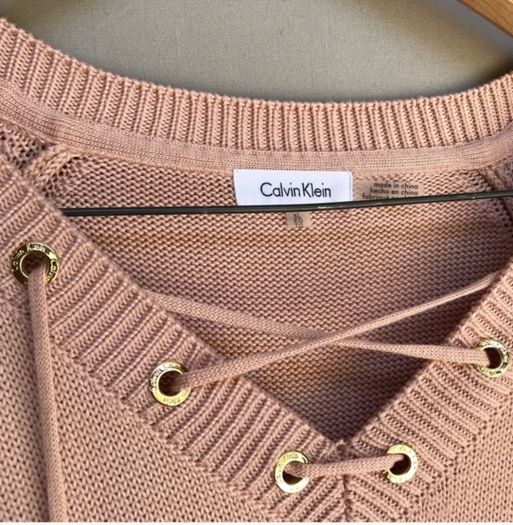 Calvin Klein Sweater Size XL Pale Pink Long Sleeve Criss Cross Tie Neck - Picture 2 of 4